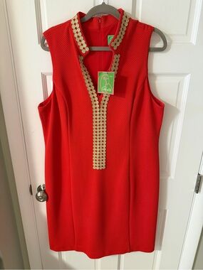 NWT Pappagallo Coral Red Sleeveless Shift Dress with Gold Trim Preppy Size 16